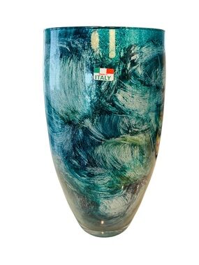 Hand Blown Italian Art Glass Vase Teal Silver Swirl 14” Tall Murano Style